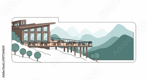 Modern Restaurant with Large Windows and Outdoor Deck Overlooking Mountains