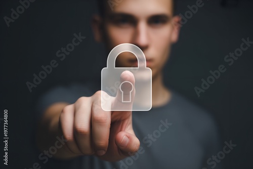 Man touching virtual interface AI technology digital innovation futuristic business concept closeup interaction