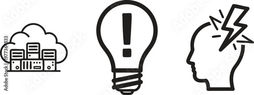 Innovation, ideas, and technology icons, business concept symbols, creative thinking, inspiration, vector graphics