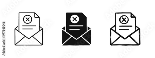 Rejected email or message icon set in outline, solid, and hand-drawn styles