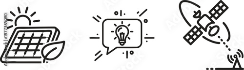 Eco friendly technology icons, solar panel, light bulb, satellite, sustainable energy symbols, green innovation graphics
