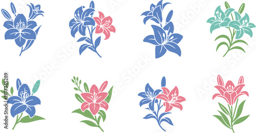 A vibrant collection of eight floral arrangements showcasing delphinium blooms in various shades and styles