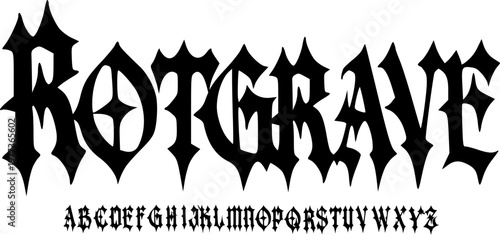 ROTGRAVE Gothic Blackletter Display Font Alphabet – Sharp Medieval Decorative Typeface with Dark Metal Style for Death Metal Logos, Album Covers, Fantasy Branding, and Classic Gothic Typography