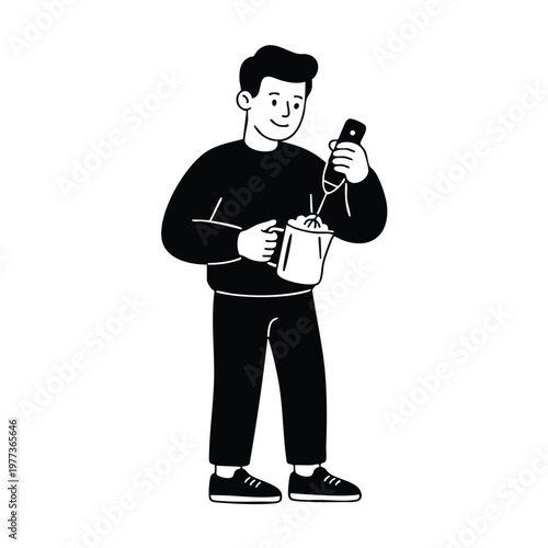 Man mixing ingredients in a pitcher with an immersion blender.