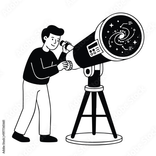 Man Observing Galaxy Through Telescope.