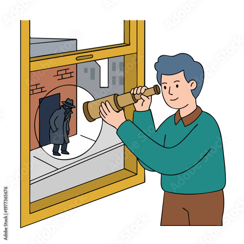 Man observing suspicious figure through telescope from window.