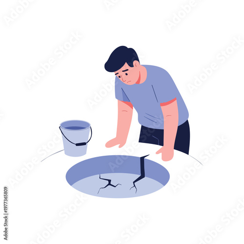 Man peering into a cracked well with a bucket nearby.