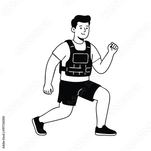 Man performing lunges with a weighted vest for strength training.
