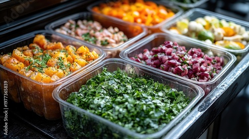 Containers of prepped ingredients symbolize organized meal planning and efficient cooking