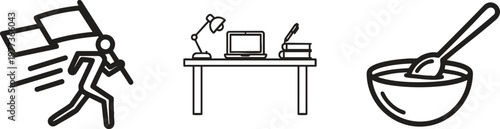 Business icons, office supplies, running worker, mixing bowl, line art graphics