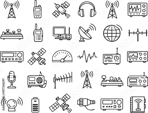 World Amateur Radio Day Thin Line Icons Set in 2x Grid Layout Minimal Black Monochrome Communication Symbols