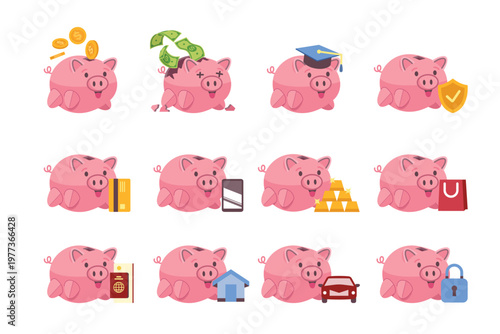 Vector set of piggy banks representing various financial goals. Savings concepts for education, travel, house, car, insurance, and investment. Flat design.