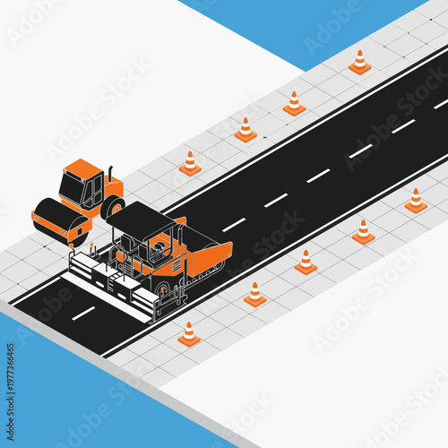 Asphalt Paver Machine on Road Construction Site.