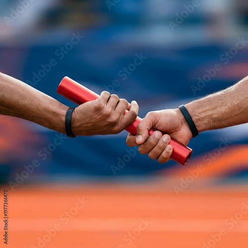 A close-up shot of the baton handoff in a relay race