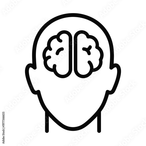 Human brain icon inside head silhouette, minimalist line art of mental health and psychology, black and white vector illustration of cognitive function and intelligence