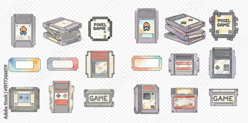 Collection of retro pixel game cartridges and handheld consoles in a vintage style illustration.