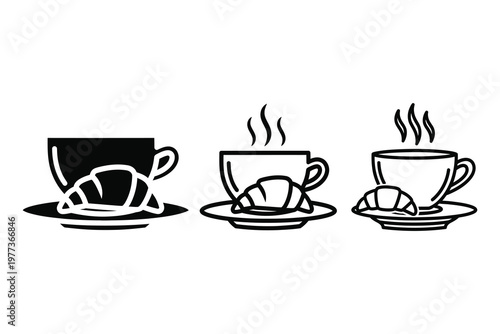 Black and white illustration of three cups of coffee with pastries