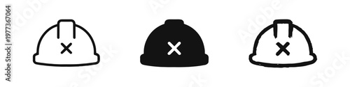 Work Safety Violation and Construction Ban Icon Set - Hard Hat with Cross Symbols