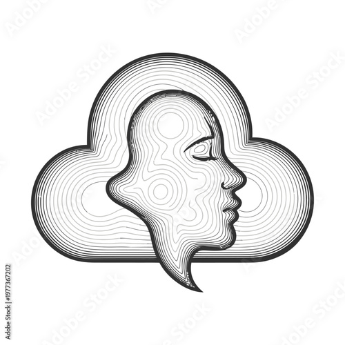 Surreal human face profile in cloud shape, abstract line art of a dreaming person, conceptual mental health and psychology vector illustration for wellness and mindfulness