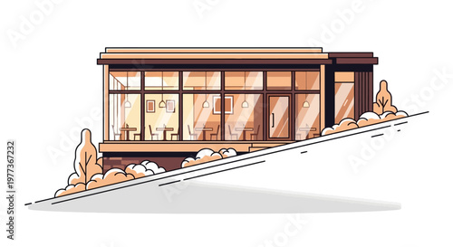 Modern Restaurant Illustration with Large Windows, Tables, and Chairs.