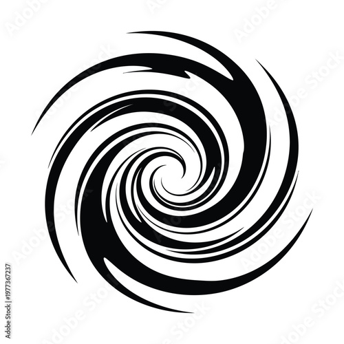 Dynamic spiral vortex vector illustration, black circular swirl pattern on white background, abstract hypnotic whirlpool graphic, rotating motion design element for branding