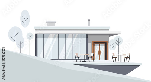 Modern Minimalist Cafe Building with Glass Walls and Outdoor Seating