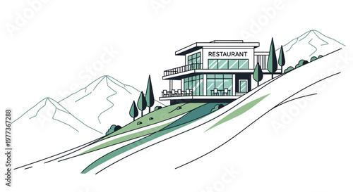 Modern Restaurant Building on a Hillside with Glass Windows and Balcony