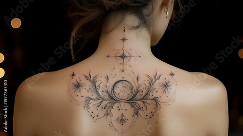 Detailed back body art tattoo design