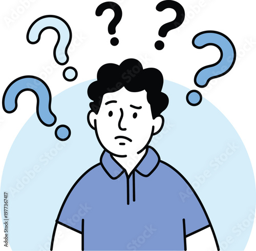Confused young man with curly black hair wearing a blue shirt surrounded by floating black and light blue question mark symbols on a pale blue circular background in a flat style