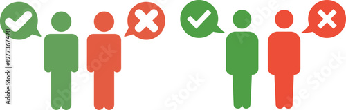 Green and red human paired with speech bubbles containing white checkmark and cross symbols representing correct and incorrect choices or status indicators on a plain white background