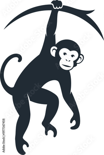 Monkey Hanging from Tree Branch Silhouette Illustration.
