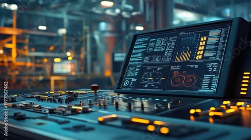 Control panel displaying operational metrics in a high-tech industrial facility during evening hours.