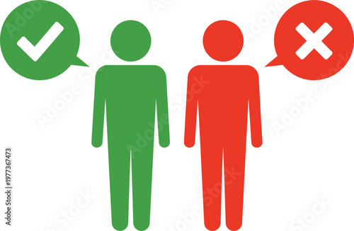 Green person with a checkmark speech bubble next to a red person with an x mark speech bubble representing correct and incorrect choices or status on a plain white background