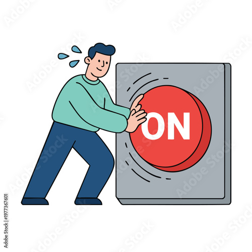 Man Pushing Large Red ON Button with Effort.
