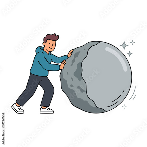 Man Pushing Large Rock Uphill Effort Concept.