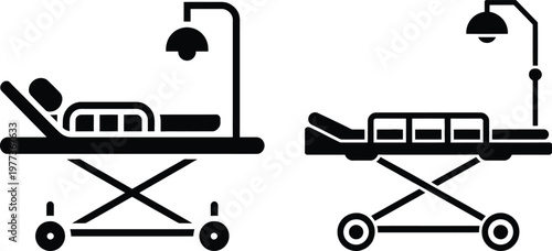 Two black silhouette of hospital gurneys with patient and medical lighting equipment on wheels isolated on a white background