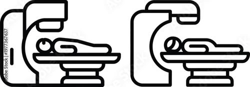 Two black and white line showing a patient lying on a medical imaging table inside a scanner machine for diagnostic procedures like m r i or c t scans on a plain white background 1