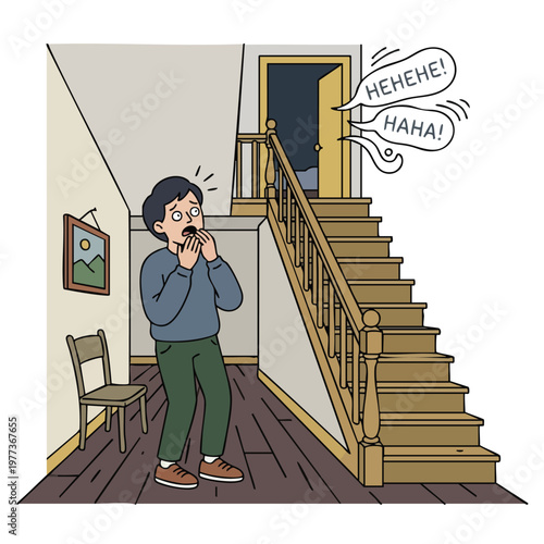 Man reacts with shock and fear to laughter from upstairs.