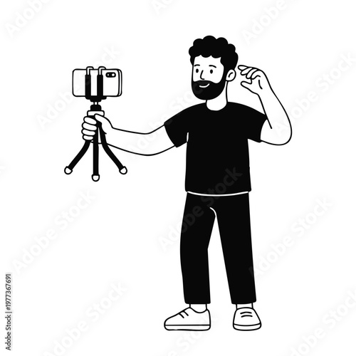 Man recording video with smartphone on tripod.