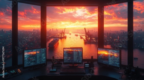 Control room overseeing cargo operations with monitors and harbor view