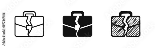 Failed Business and Financial Crisis Icon Set - Cracked Briefcase Symbols