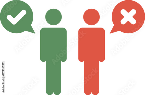 Two stylized human figures in green and red colors with speech bubbles containing a white checkmark and a white cross symbol representing correct and incorrect choices or status indicators