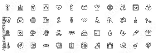 Wedding icon set. Vector illustration pack. Includes symbols for bride, groom, ring, cake, invitation, bouquet, dress, church and more. Editable stroke.
