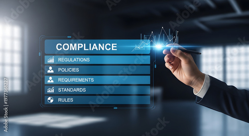 Businessman interacting with virtual compliance regulations interface with policies and rules