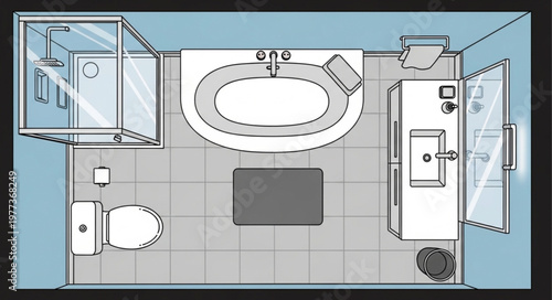 Modern Bathroom Layout Design with Bathtub and Shower.