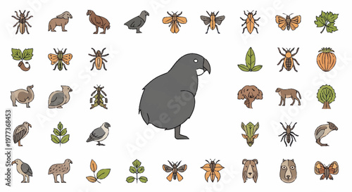 Kiwi bird illustration surrounded by various insects and animals.