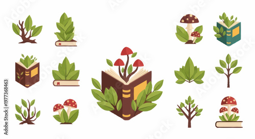 Magical book with plants and mushrooms growing from pages.