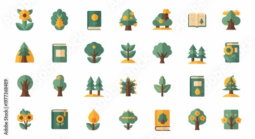 Collection of Flat Design Icons Representing Trees and Plants.