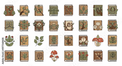 Collection of vintage illustrated books with nature motifs.