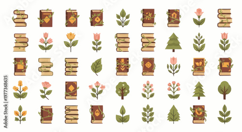 Collection of Vintage Books and Botanical Illustrations.